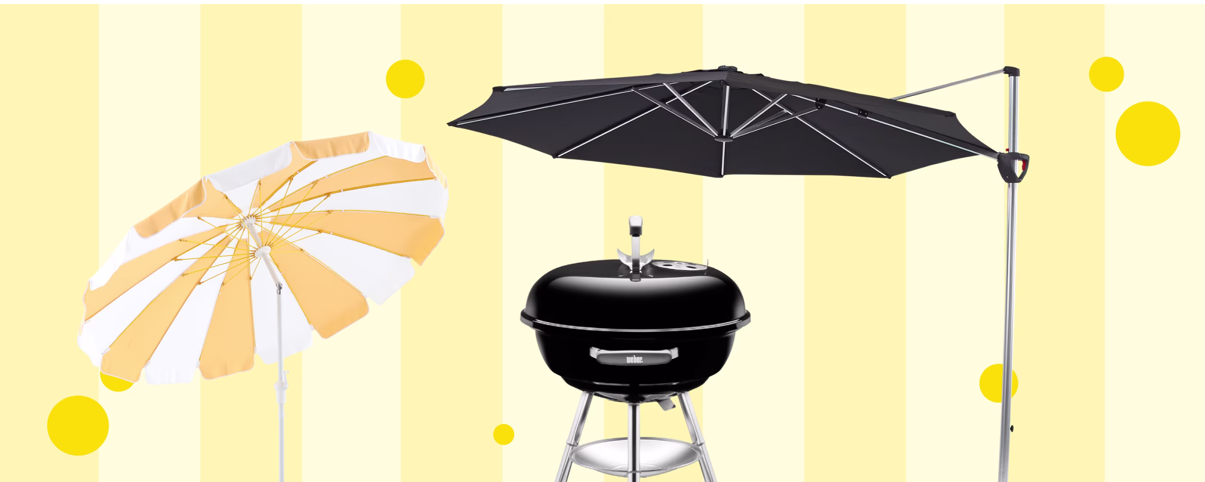 Zwarte zweefparasol, geel-witte strandparasol en zwarte Weber barbecue op gele achtergrond. Tekst: Topdeal alleen deze week.