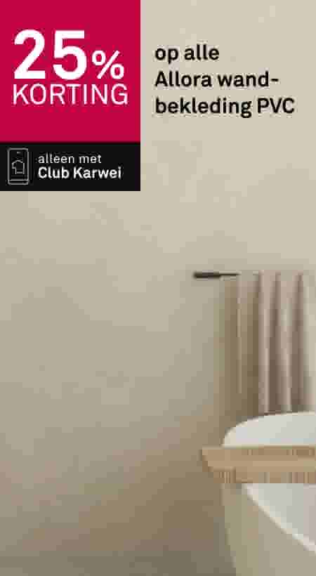 25% korting op alle Allora wandbekleding PVC, alleen met Club Karwei, beige muur met houten tafel en witte stoel.