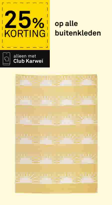 Geel buitenkleed met wit zonnenpatroon. Aanbieding: 25% korting op alle buitenkleden, alleen met Club Karwei.