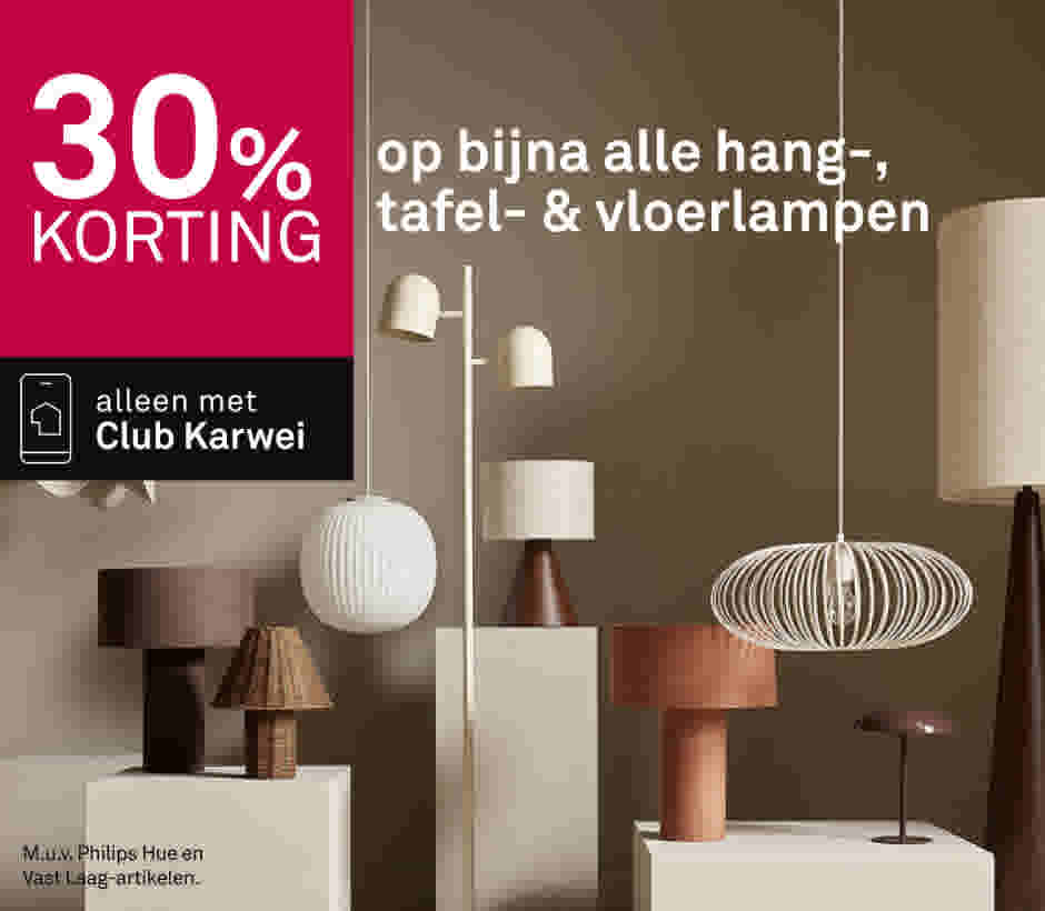 30% korting op bijna alle hang-, tafel- & vloerlampen