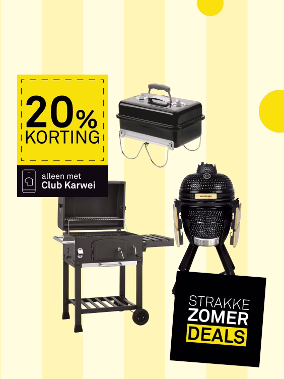 Drie zwarte barbecues met 20% korting voor Club Karwei-leden. Gele achtergrond met tekst Strakke Zomer Deals.