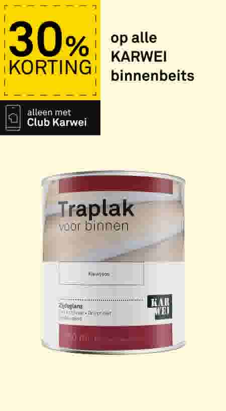 Blik Karwei Traplak voor binnen, kleurloos, 750ml. Aanbieding: 30% korting op alle KARWEI binnenbeits, alleen met Club Karwei.