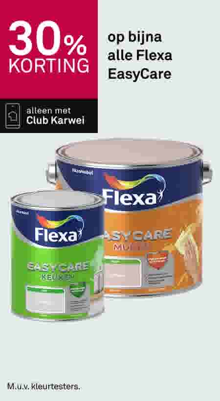 30% korting op Flexa EasyCare verfblikken, alleen met Club Karwei, twee verfblikken afgebeeld in groen en oranje.