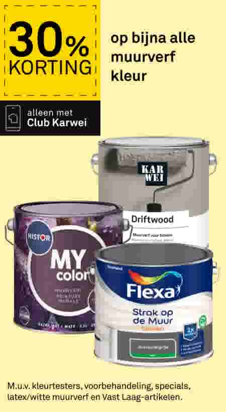 Drie verfblikken van Histor, Karwei en Flexa met 30% korting op bijna alle muurverf kleur, alleen met Club Karwei.