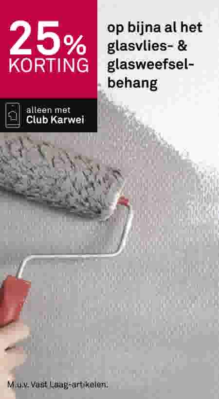 Verfroller op witte muur met tekst 25% korting op glasvlies- en glasweefsel-behang, alleen met Club Karwei