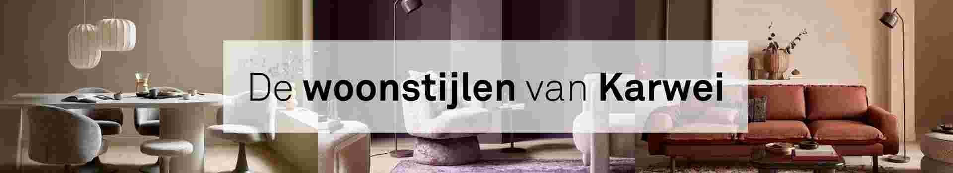 Modern interieur met tekst "De woonstijlen van Karwei" over een woonkamer met terracotta bank en ronde eettafel.