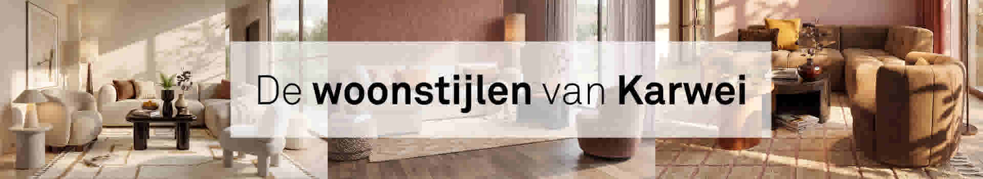 Drieluik 'de woonstijlen van karwei' met moderne woonkamers met neutrale tinten, houten vloer, beige banken, bruine fauteuils en natuurlijk licht door grote ramen