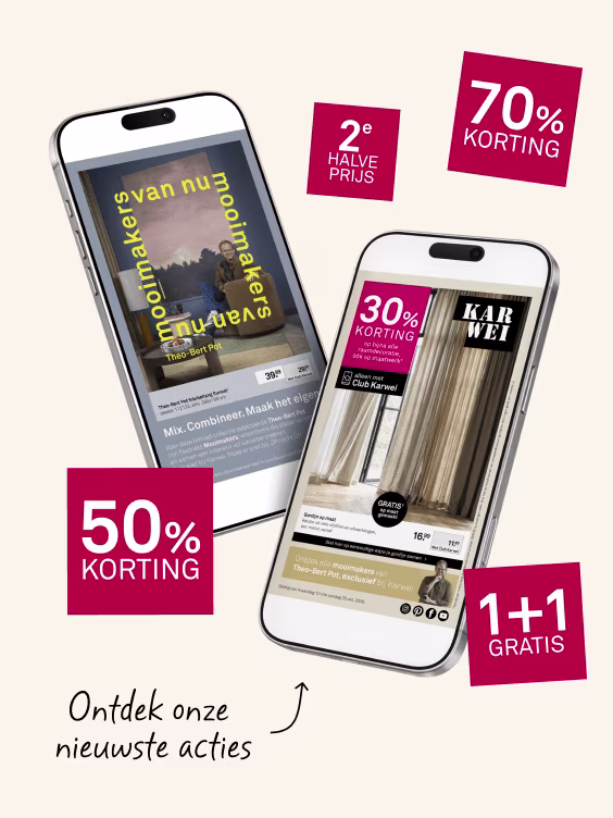 Twee smartphones tonen meubelacties met kortingslabels: 50%, 30% korting, 2e halve prijs en 1+1 gratis aanbiedingen.