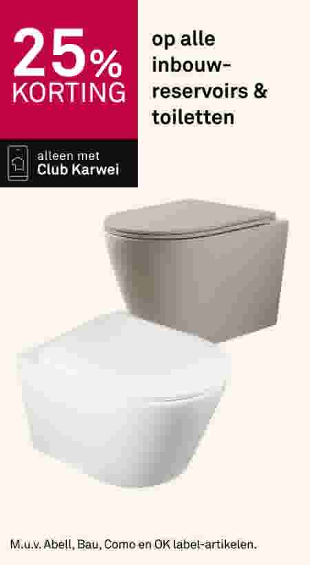 25% korting op alle inbouw-reservoirs en toiletten. Alleen met Club Karwei. Twee moderne toiletten afgebeeld.