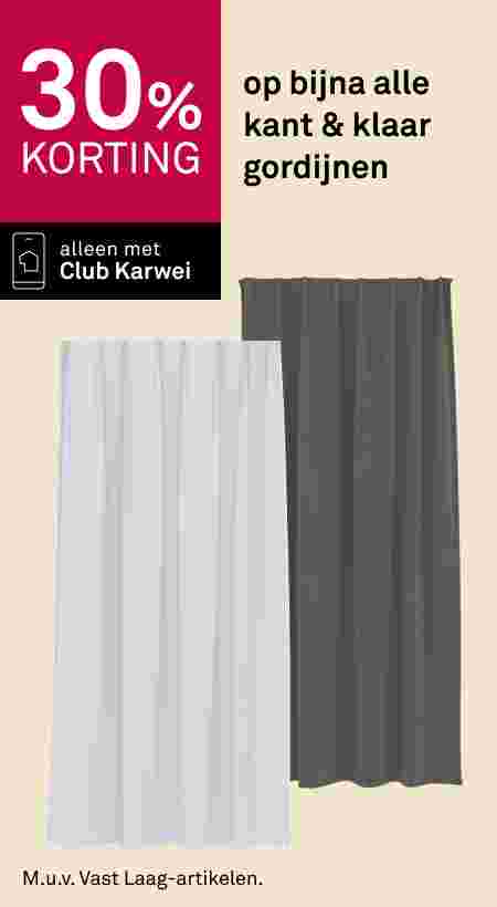 Twee kant-en-klare gordijnen: één wit en één donkergrijs. Tekst: 30% korting, alleen met Club Karwei.