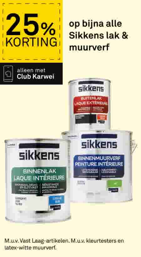 Drie blikken Sikkens verf: binnenlak, buitenlak en binnenmuurverf. Aanbieding: 25% korting met Club Karwei.