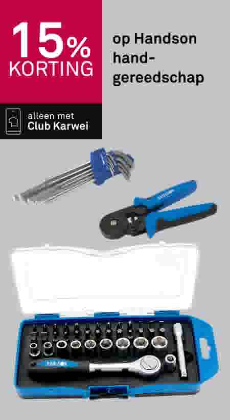 15% korting op Handson handgereedschap, alleen met Club Karwei. Afgebeeld: inbussleutelset, tang en doppenset.