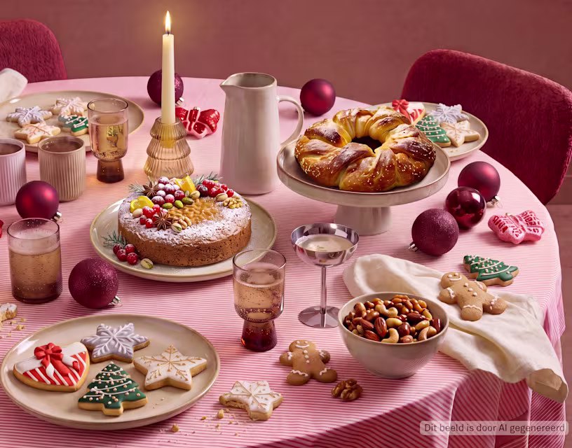 Feestelijke kersttafel met kerstkrans, versierde koekjes, noten en rode kerstballen op roze tafelkleed met kaars.