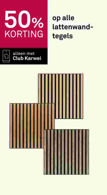 50% korting op lattenwandtegels bij Club Karwei. Drie tegels in lichte en donkere houtlook met verticale latten.