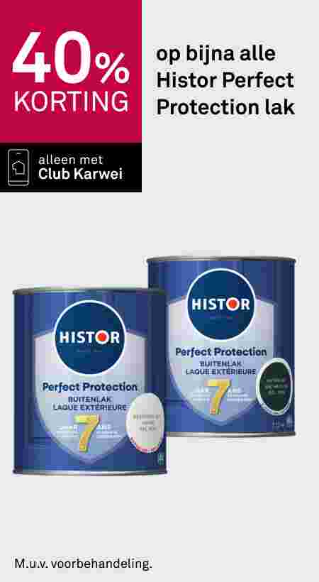 Twee blauwe blikken Histor Perfect Protection buitenlak met 40% korting, alleen met Club Karwei.