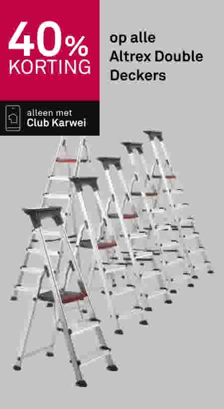 40% korting op alle Altrex Double Deckers, alleen met Club Karwei, afbeelding toont meerdere aluminium trapladders