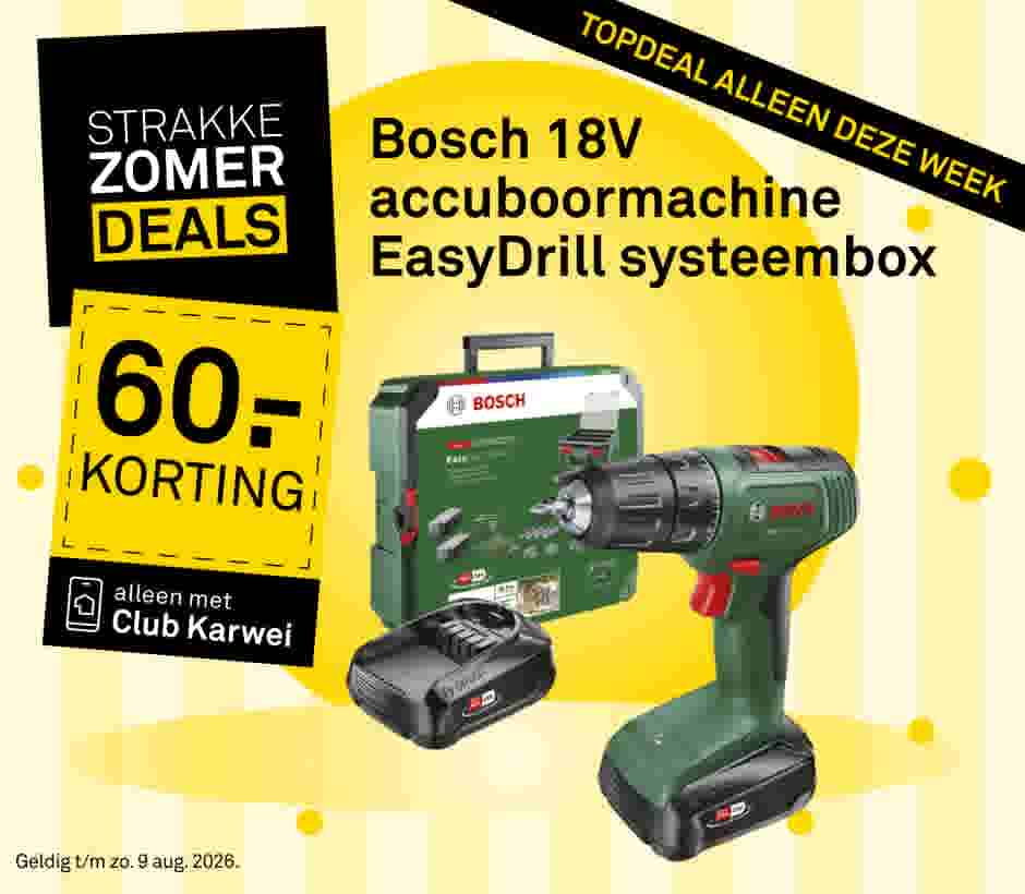 Bosch 18V EasyDrill accuboormachine met groene systeembox en accu, aangeboden met €60 korting via Club Karwei.