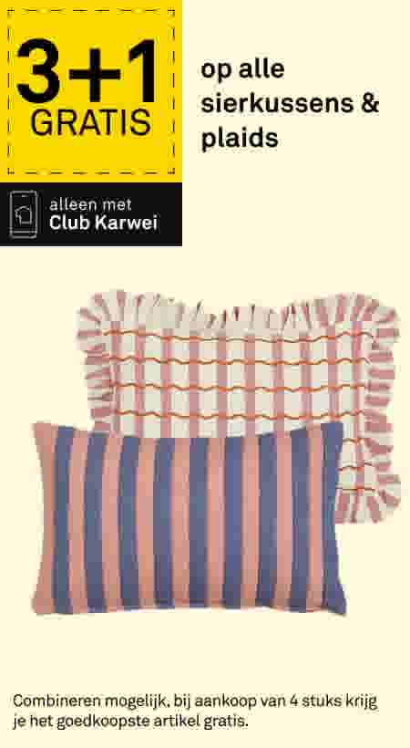 Twee sierkussens met strepen in roze, blauw en wit. Aanbieding: 3+1 gratis op sierkussens en plaids, alleen met Club Karwei.