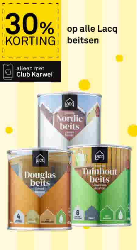 Drie blikken Lacq beits: Nordic beits, Douglas beits en Tuinhout beits. Aanbieding: 30% korting, alleen met Club Karwei.