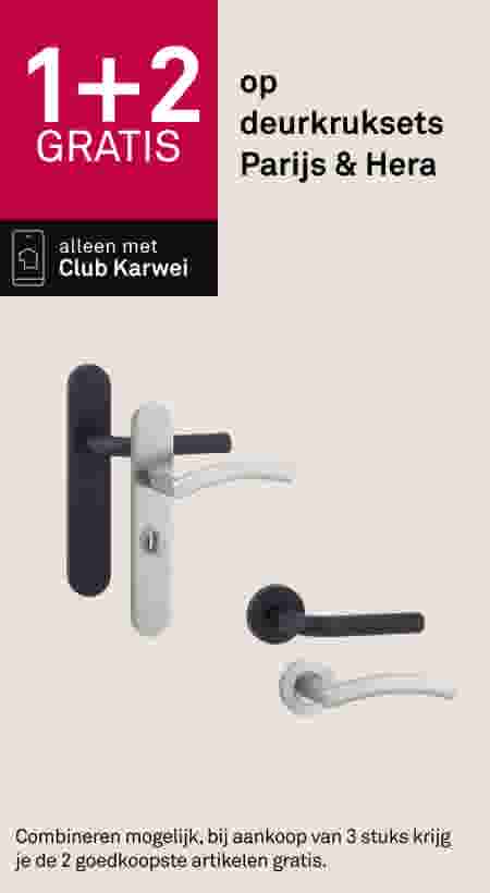 1+2 gratis op deurkruksets Parijs & Hera, alleen met Club Karwei. Zwarte en zilveren deurklinken afgebeeld.