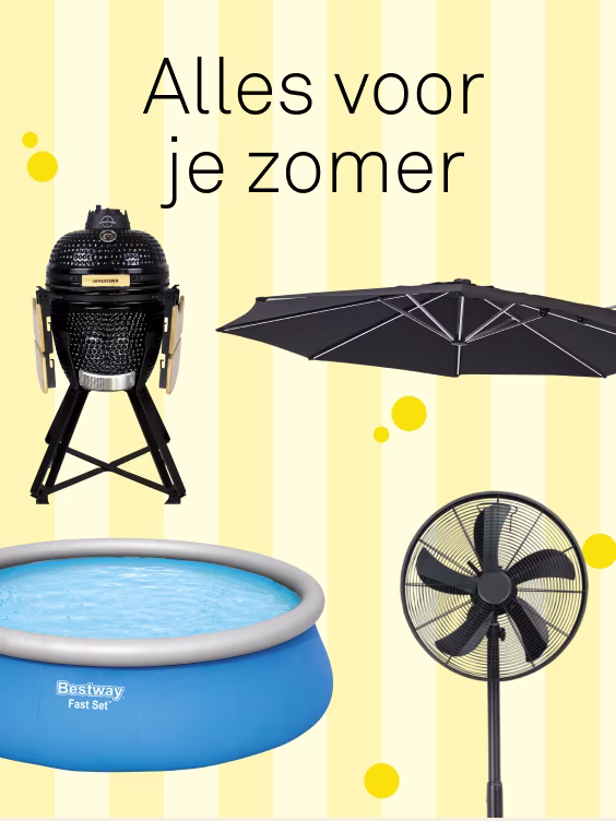 Zomercollectie met een zwarte kamado barbecue, grijze parasol, blauwe opblaasbaar zwembad en een staande ventilator op gele achtergrond.