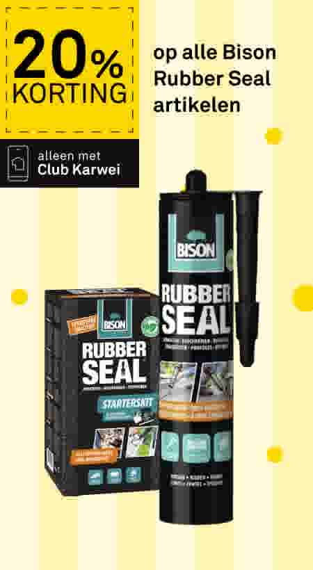 Bison Rubber Seal starterskit en tube op gele achtergrond met 20% korting aanbieding via Club Karwei.