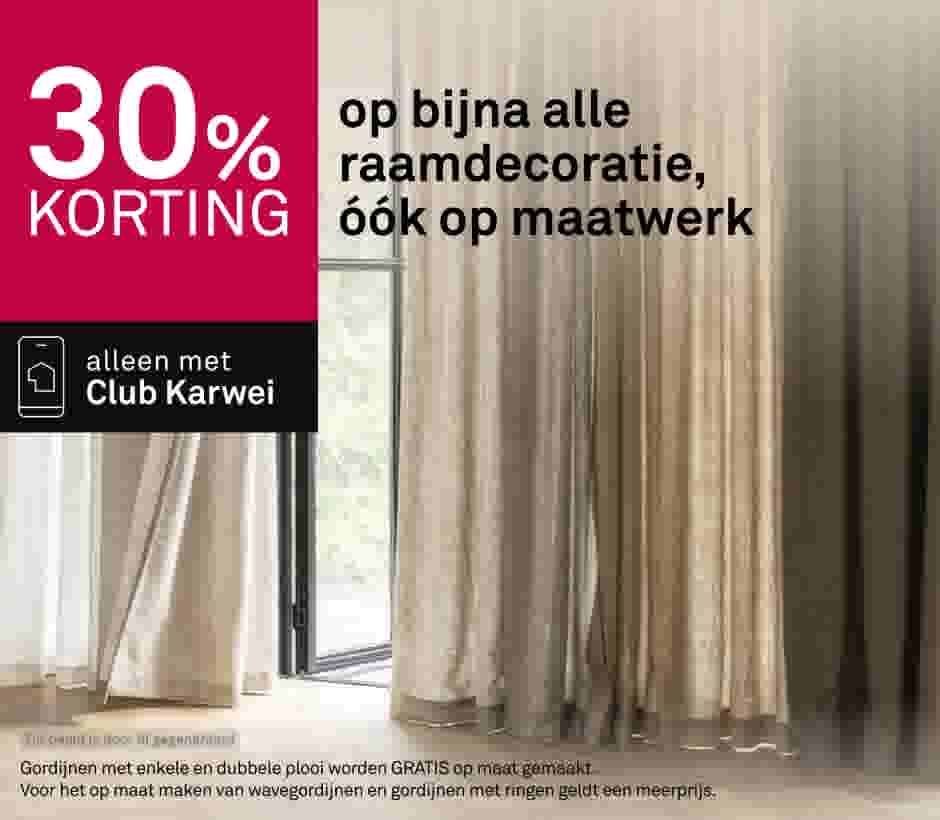 Beige gordijnen bij een raam met 30% kortingsaanbieding op raamdecoratie ook op maatwerk voor Club Karwei leden.