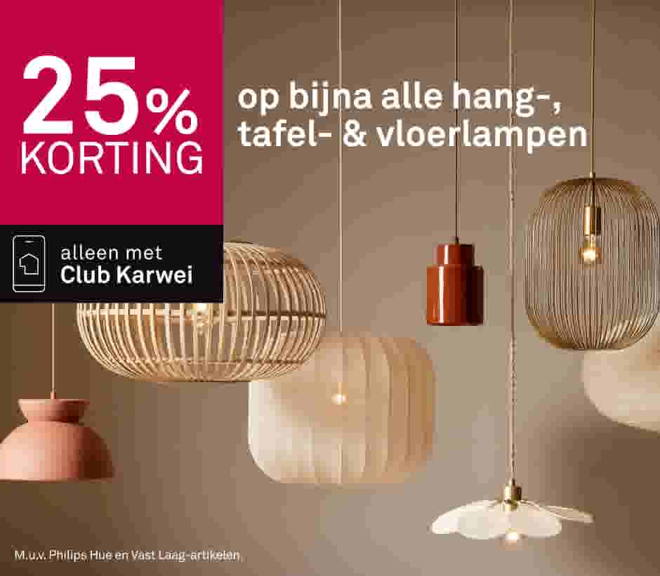 25% korting op bijna alle hang-, tafel- & vloerlampen