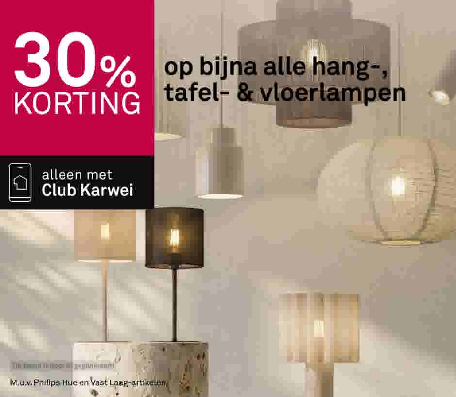 Diverse hang-, tafel- en vloerlampen met 30% korting, alleen voor Club Karwei leden. Neutrale tinten en moderne designs.
