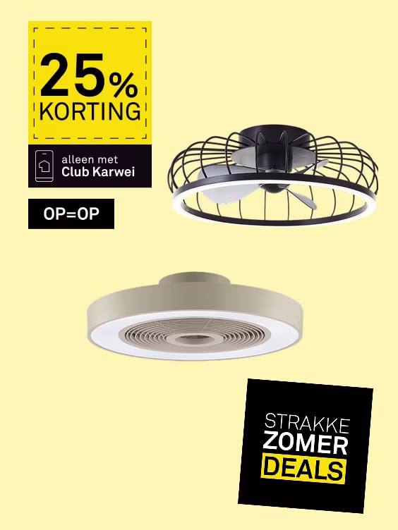 Twee plafondventilatoren met verlichting, 25% korting bij Club Karwei. Strakke zomerdeals, op=op.