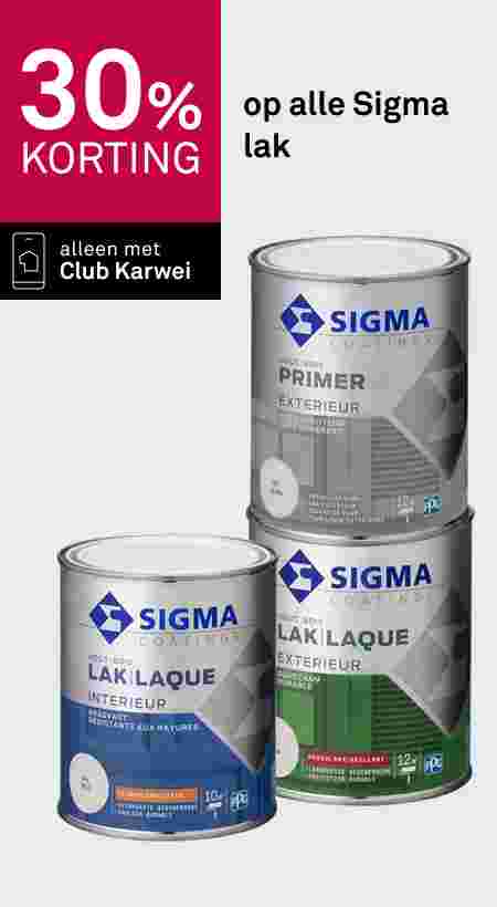 Drie blikken Sigma lak: Primer Exterieur, Lak Interieur en Lak Exterieur. Aanbieding: 30% korting, alleen met Club Karwei.