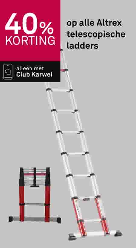 40% korting op alle Altrex telescopische ladders, alleen met Club Karwei. Afbeelding toont twee uitschuifbare ladders.