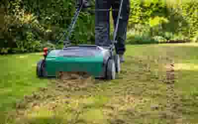 Persoon gebruikt een groene verticuteermachine op een gazon om mos en dood gras te verwijderen in een zonnige tuin.