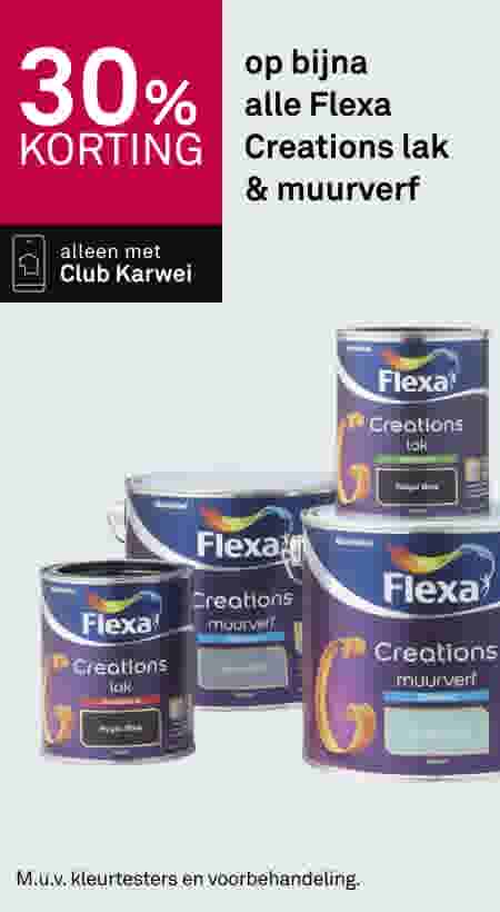 30% korting op Flexa Creations lak en muurverf, alleen met Club Karwei. Verfblikken in verschillende kleuren.