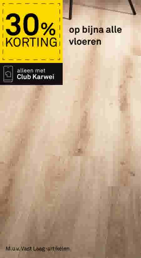 Lichte houten laminaatvloer met tekst: 30% korting op bijna alle vloeren, alleen met Club Karwei.