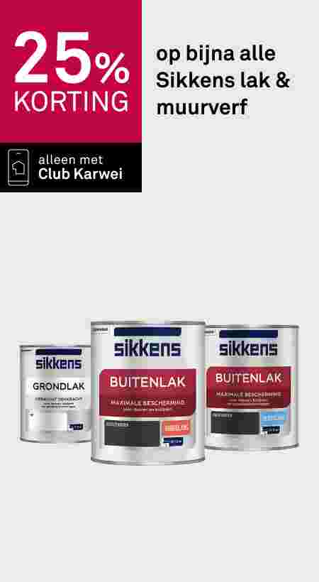 Drie blikken Sikkens verf: grondlak en buitenlak. Aanbieding: 25% korting op lak en muurverf, alleen met Club Karwei.