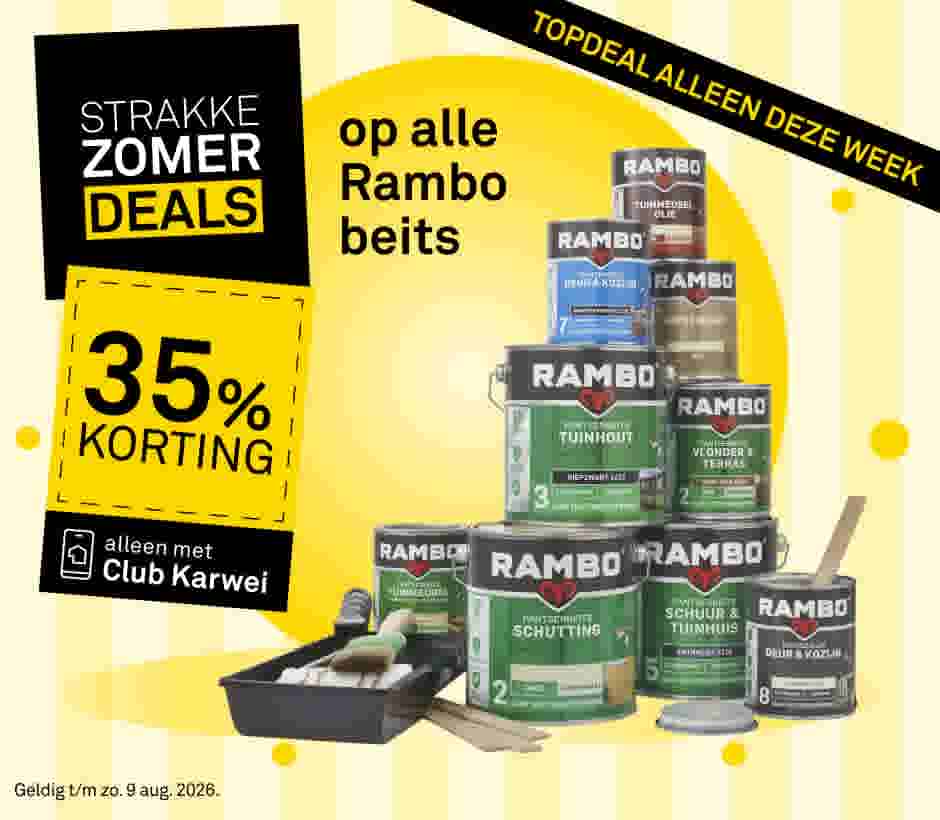 Meerdere blikken Rambo beits gestapeld, met verfkwast en bak. Tekst: 35% korting op Rambo beits, alleen met Club Karwei.