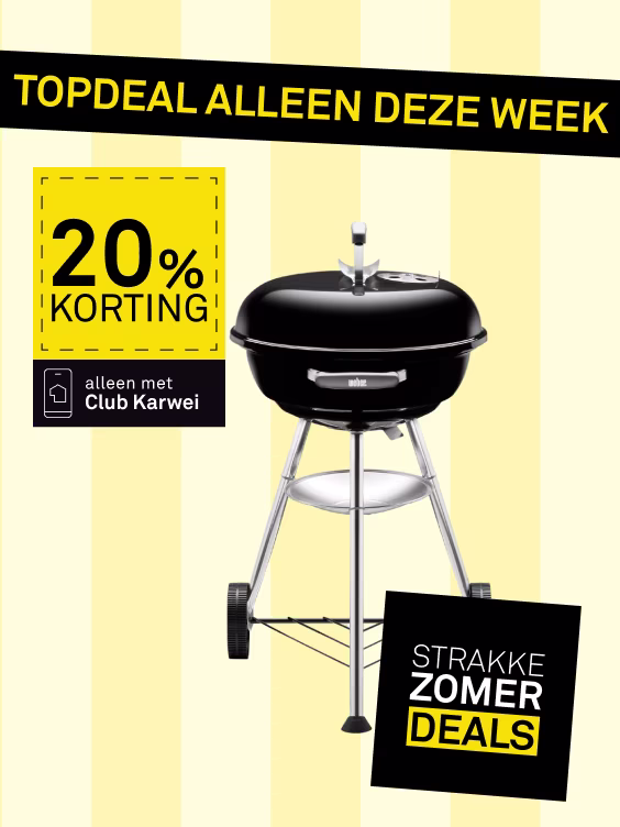 Zwarte Weber houtskoolbarbecue op zilveren poten met wielen. Aanbieding: 20% korting, alleen met Club Karwei. Strakke zomerdeals.