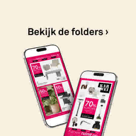 Twee smartphones tonen Karwei folders met kortingsaanbiedingen van 35% en 30% op een beige achtergrond.