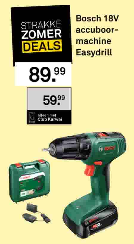 Bosch 18V Easydrill accuboormachine in groen met rode knop, inclusief koffer en oplader, aanbieding voor €59,99.