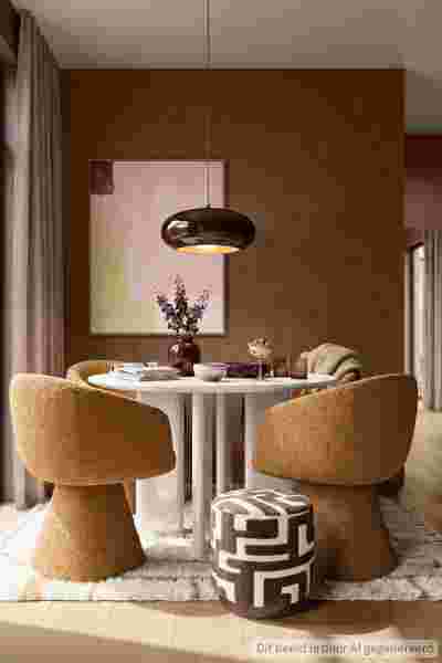 Modern woonkamer met paarse muren, roze fauteuil, beige stoel, bijzettafels en een paars tapijt onder stijlvolle verlichting.