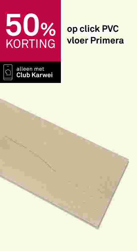 50% korting op click PVC vloer Primera, alleen met Club Karwei. Lichtbeige houten vloerplank zichtbaar.