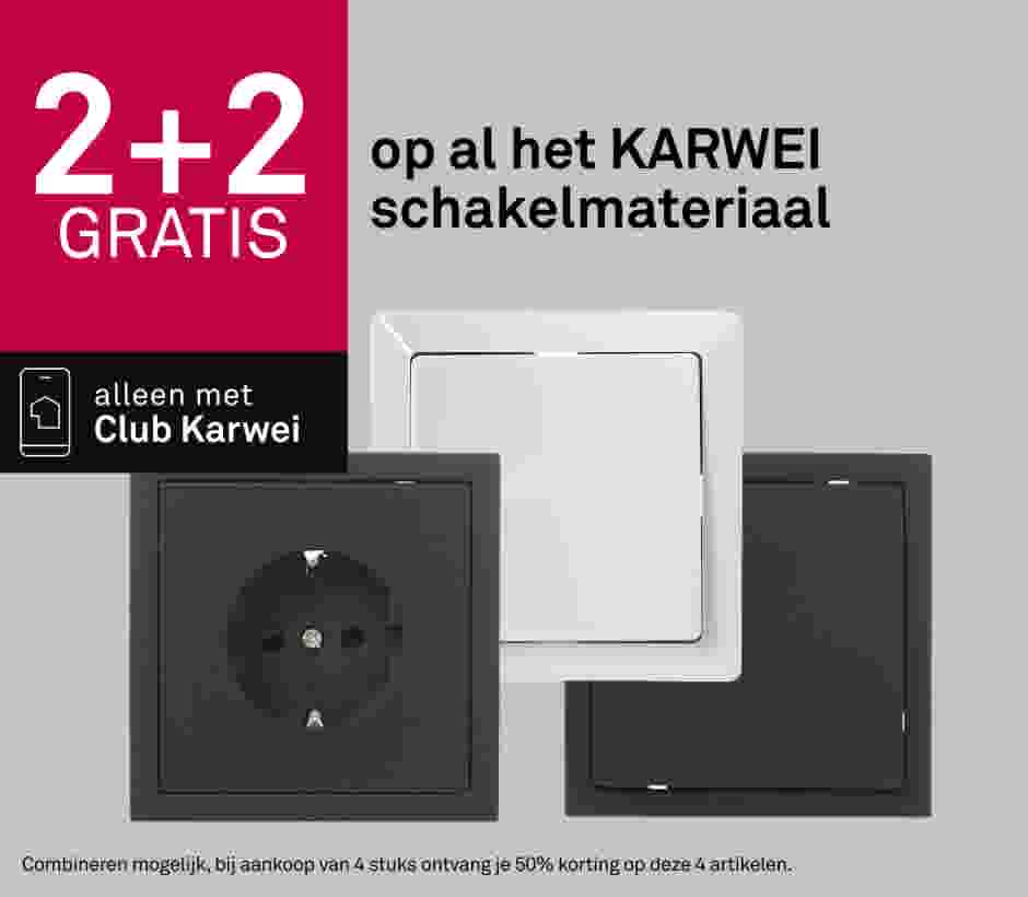 Karwei schakelmateriaal in wit en antraciet met 2+2 gratis aanbieding, alleen voor Club Karwei leden.