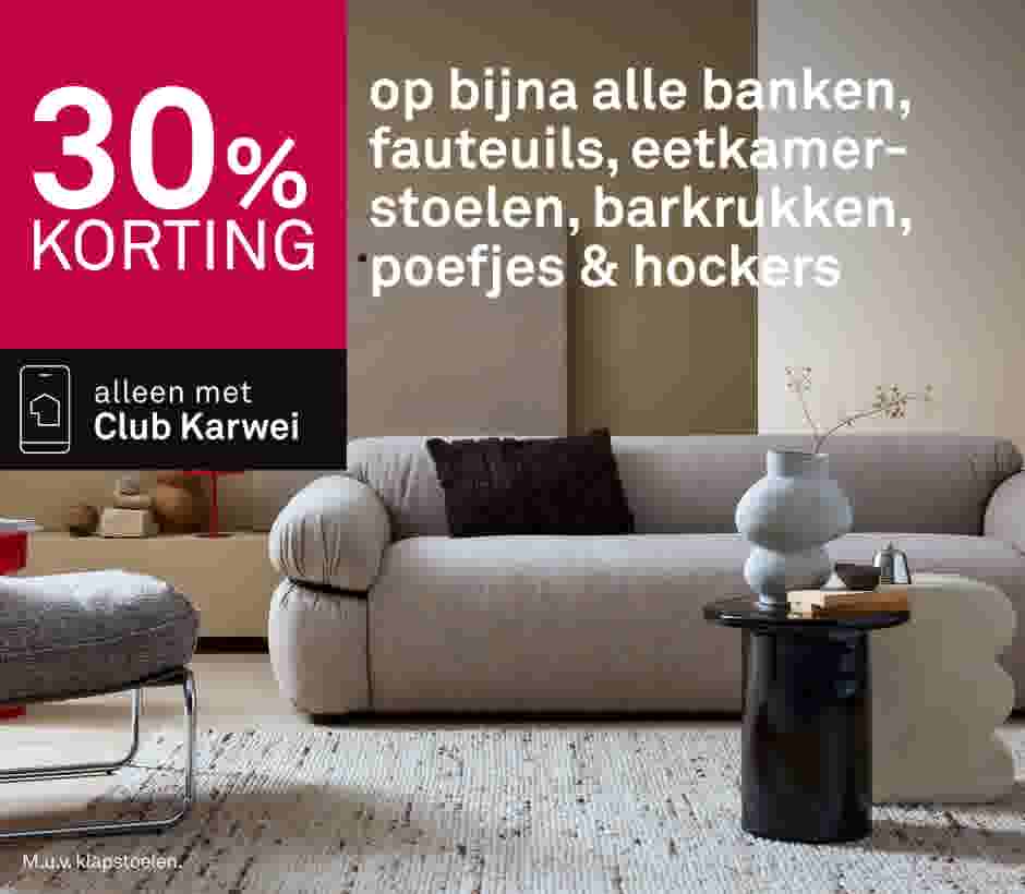 30% korting op bijna alle banken, fauteuils, eetkamerstoelen, barkrukken, poefjes & hockers