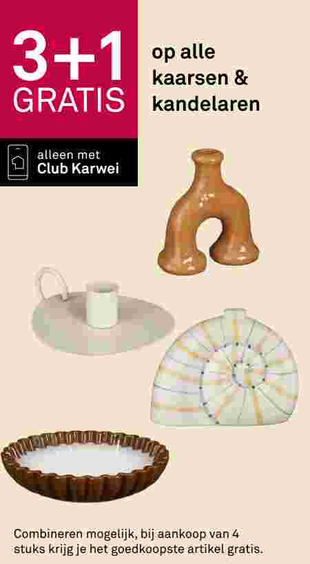3+1 gratis op kaarsen en kandelaren bij Club Karwei. Vier decoratieve kandelaars in aardetinten en wit met gouden accenten.