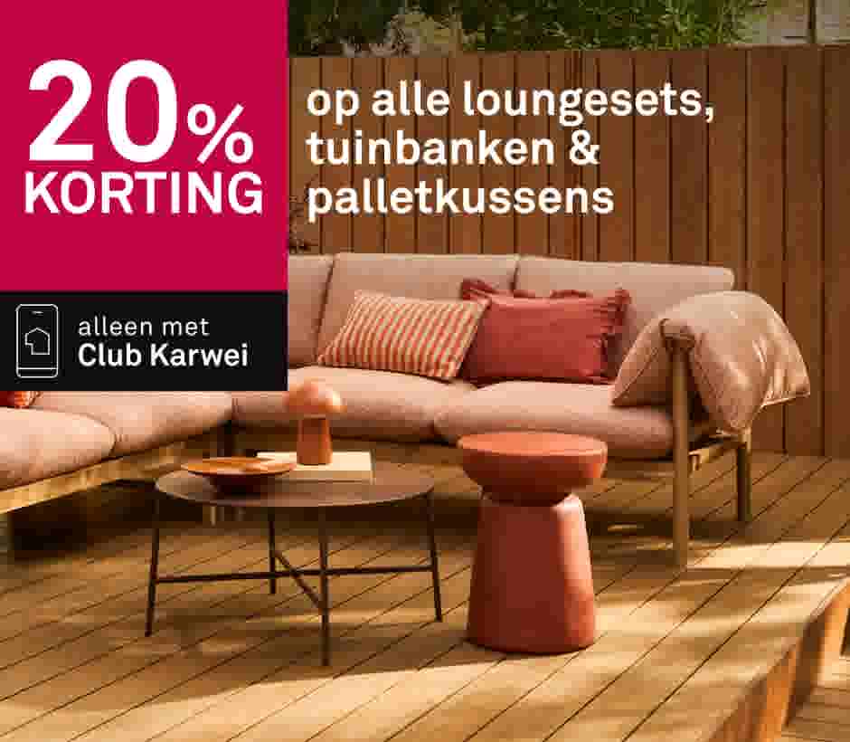 20% korting op alle loungesets, tuinbanken & palletkussens