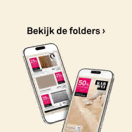 Twee smartphones tonen Karwei folders met kortingsaanbiedingen van 35% en 30% op een beige achtergrond.