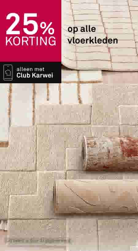 25% korting op alle vloerkleden met Club Karwei, verschillende designs in beige en roze tinten getoond.
