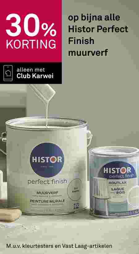 Twee blikken Histor Perfect Finish verf: een grote muurverf en een kleine houtlak.  30% korting met club karwei