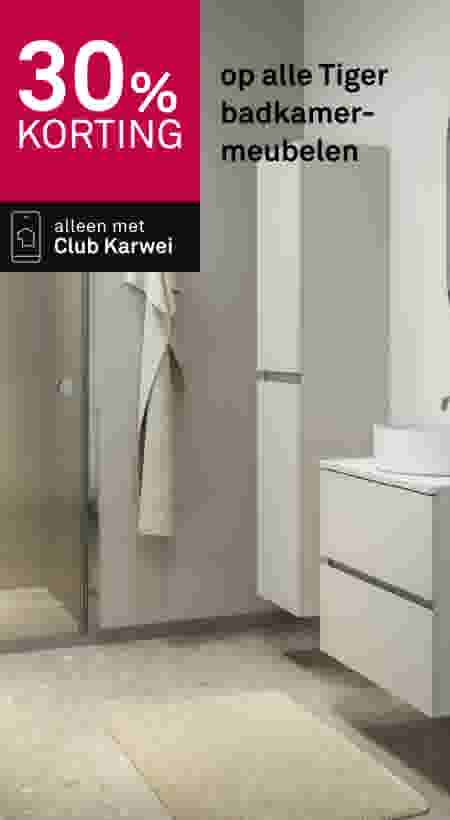 30% korting op alle Tiger badkamermeubelen. Alleen met Club Karwei. Moderne witte badkamer met hangende kasten.